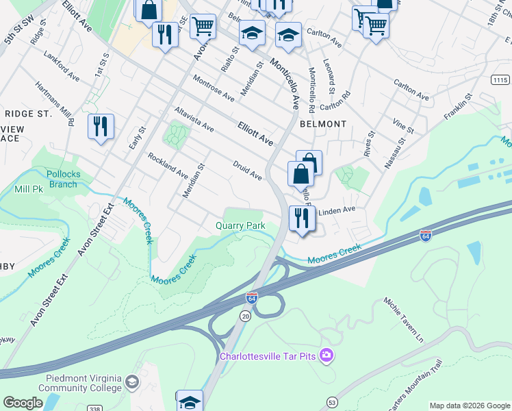 map of restaurants, bars, coffee shops, grocery stores, and more near 373 Quarry Road in Charlottesville