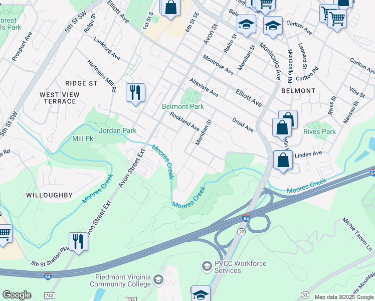 map of restaurants, bars, coffee shops, grocery stores, and more near 1608 Green Street in Charlottesville