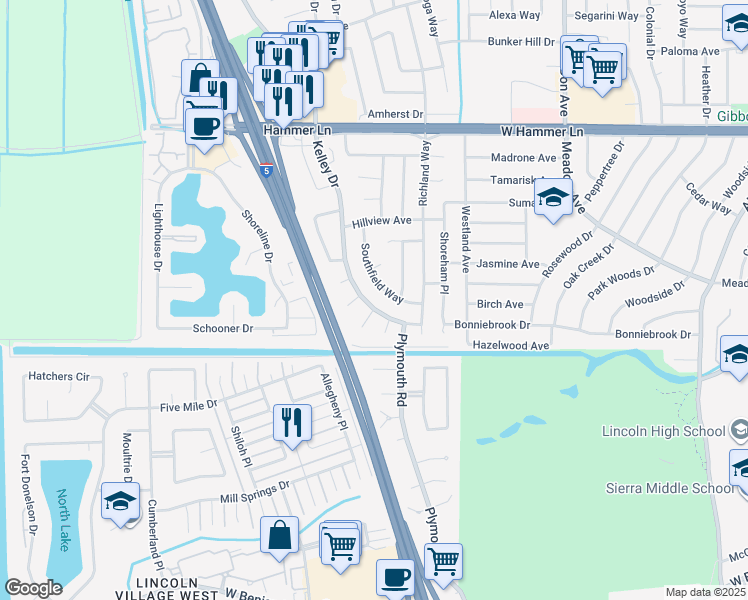 map of restaurants, bars, coffee shops, grocery stores, and more near 7222 Southfield Way in Stockton