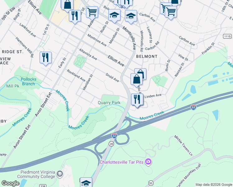map of restaurants, bars, coffee shops, grocery stores, and more near 373 Quarry Road in Charlottesville