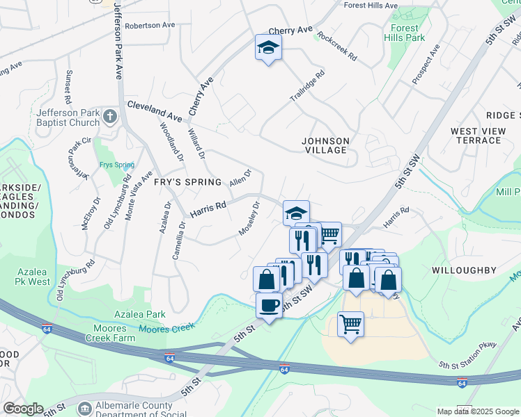 map of restaurants, bars, coffee shops, grocery stores, and more near 309 Harris Road in Charlottesville