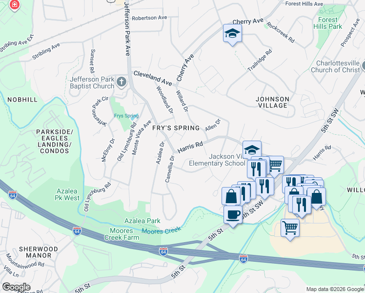map of restaurants, bars, coffee shops, grocery stores, and more near 112 Oaklawn Court in Charlottesville