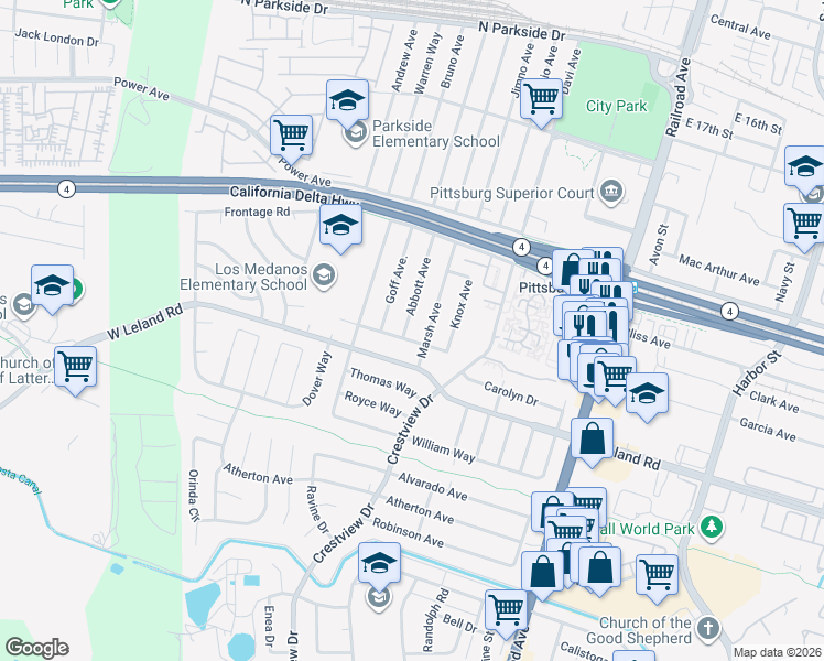map of restaurants, bars, coffee shops, grocery stores, and more near 2181 Abbott Avenue in Pittsburg