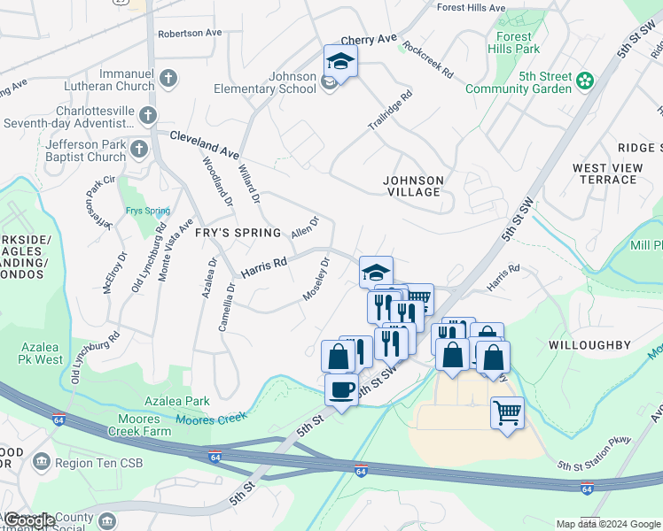 map of restaurants, bars, coffee shops, grocery stores, and more near 500 Moseley Drive in Charlottesville