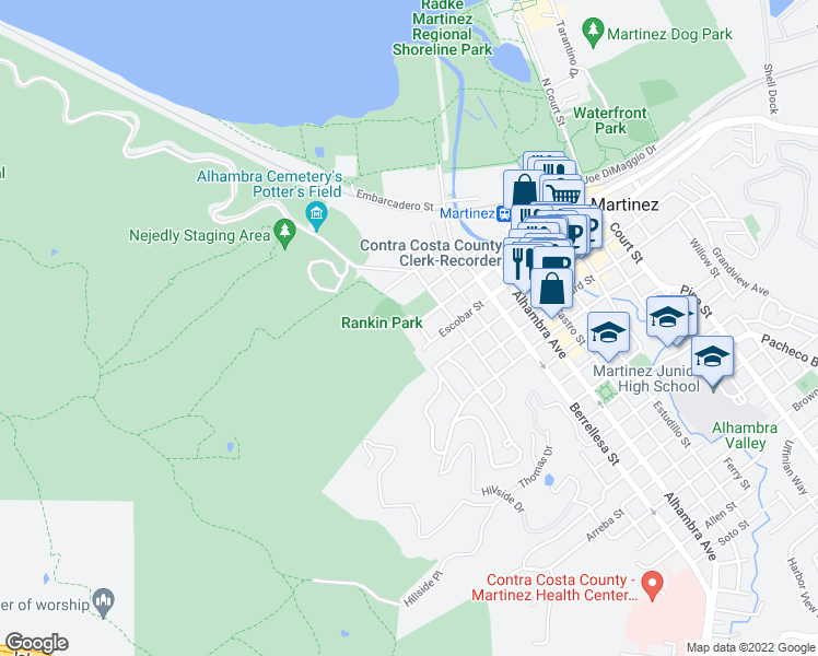 map of restaurants, bars, coffee shops, grocery stores, and more near 500 Bay View Dr in Martinez