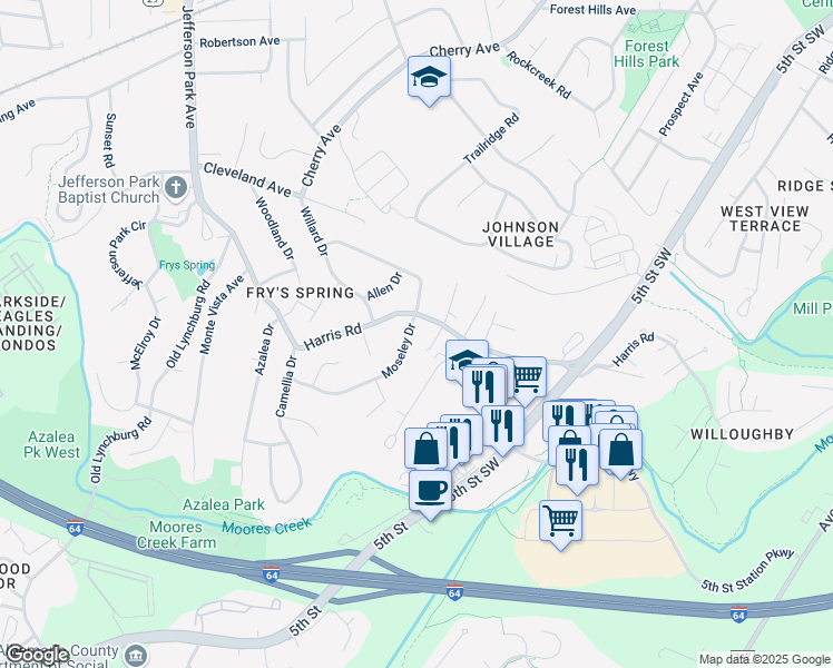 map of restaurants, bars, coffee shops, grocery stores, and more near 502 Moseley Drive in Charlottesville