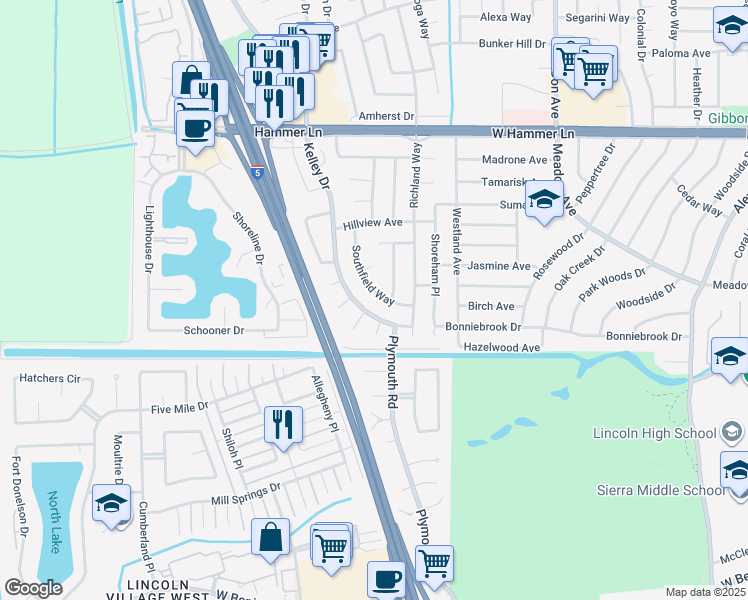 map of restaurants, bars, coffee shops, grocery stores, and more near 7215 Southfield Way in Stockton