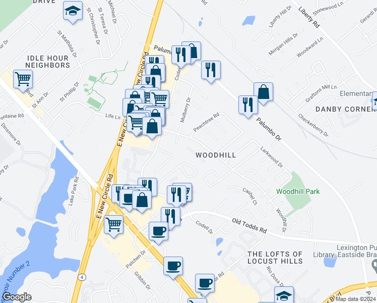 map of restaurants, bars, coffee shops, grocery stores, and more near 229 Osage Court in Lexington