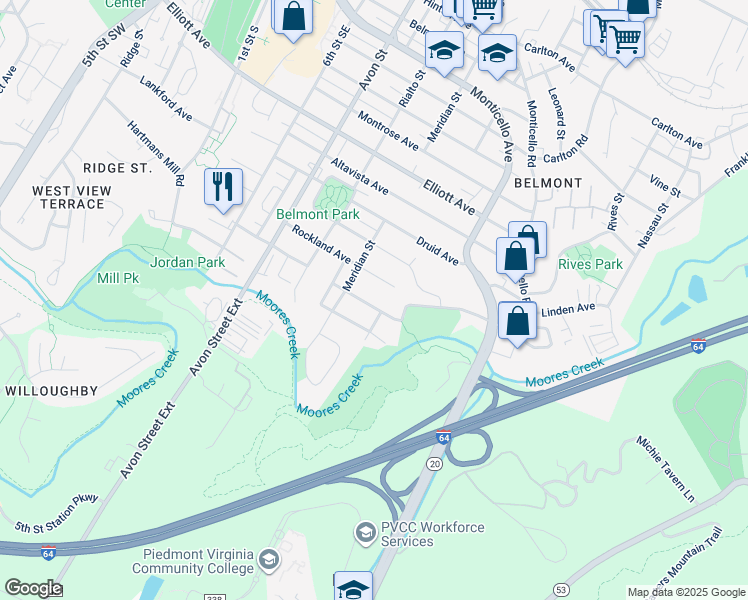 map of restaurants, bars, coffee shops, grocery stores, and more near 215 Palatine Avenue in Charlottesville