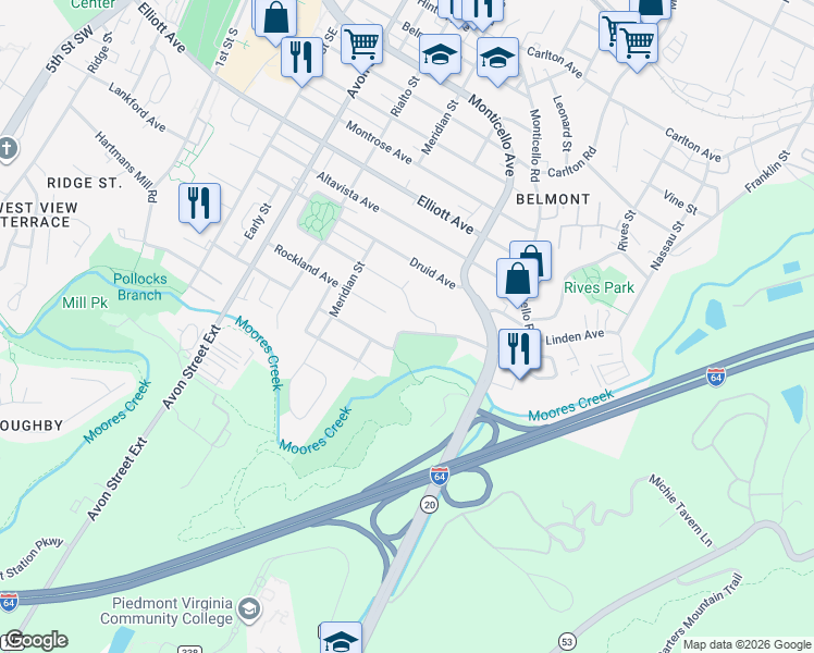 map of restaurants, bars, coffee shops, grocery stores, and more near 919 Rockland Avenue in Charlottesville