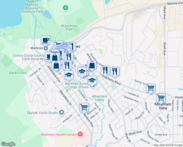 map of restaurants, bars, coffee shops, grocery stores, and more near 1133 Court Street in Martinez