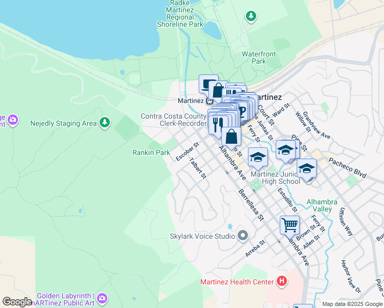 map of restaurants, bars, coffee shops, grocery stores, and more near 221 Escobar Street in Martinez