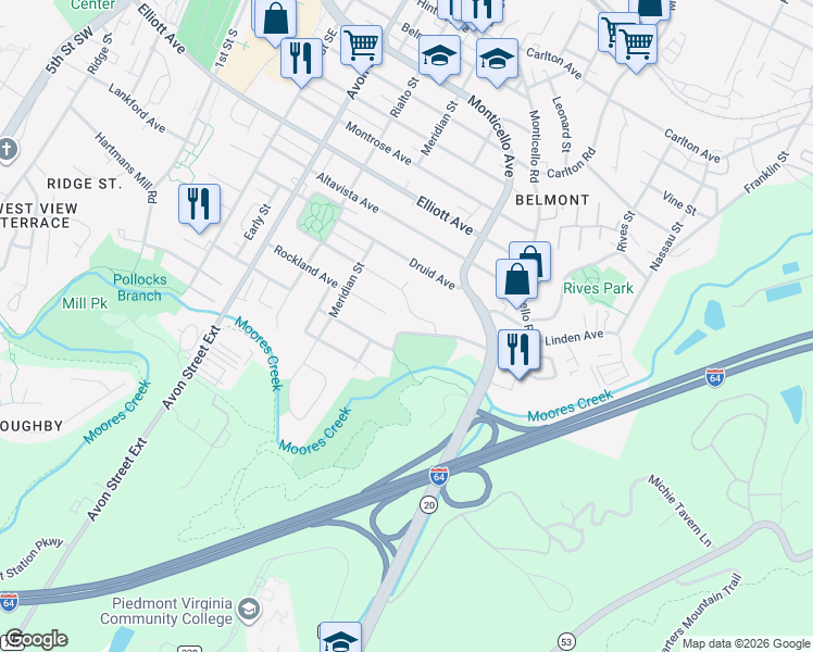 map of restaurants, bars, coffee shops, grocery stores, and more near 919 Rockland Avenue in Charlottesville