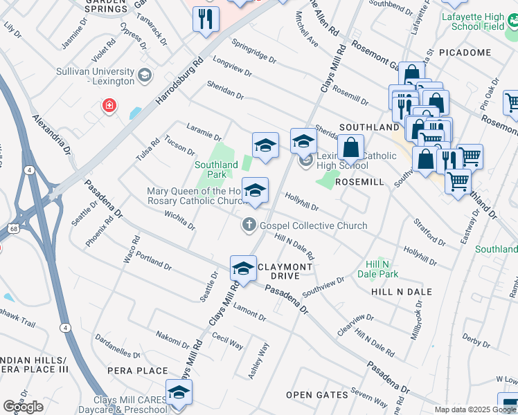 map of restaurants, bars, coffee shops, grocery stores, and more near 605 Hill N Dale Road in Lexington