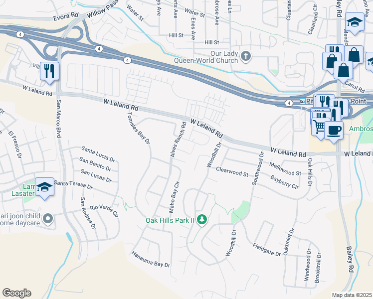 map of restaurants, bars, coffee shops, grocery stores, and more near 41 Coos Bay Court in Pittsburg