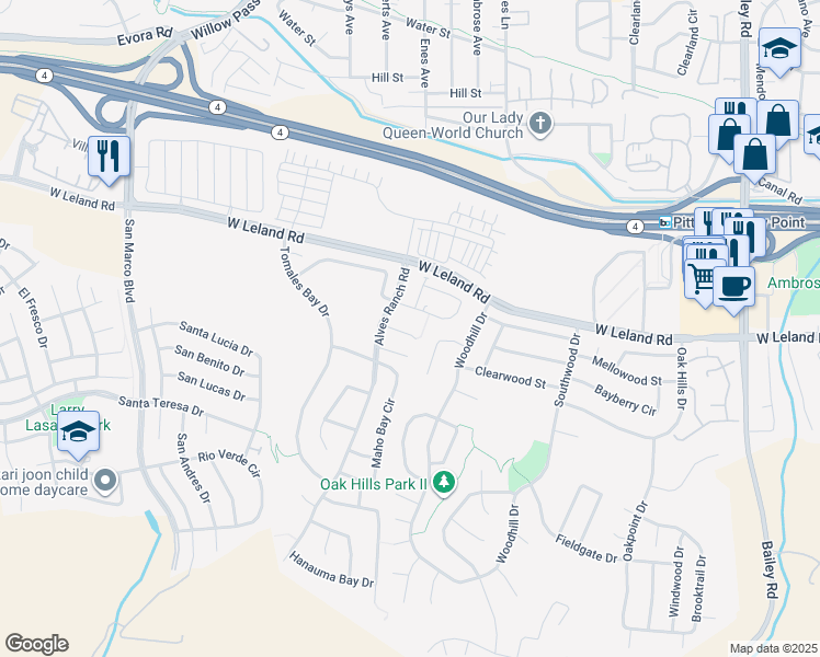 map of restaurants, bars, coffee shops, grocery stores, and more near 41 Coos Bay Court in Pittsburg
