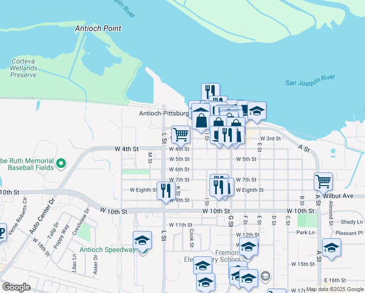 map of restaurants, bars, coffee shops, grocery stores, and more near 916 West 4th Street in Antioch