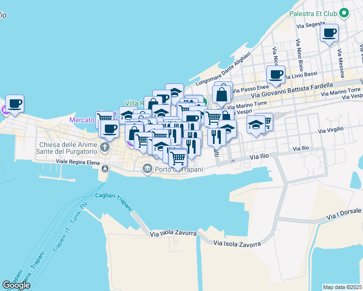 map of restaurants, bars, coffee shops, grocery stores, and more near 24 Via Giudecca in Trapani