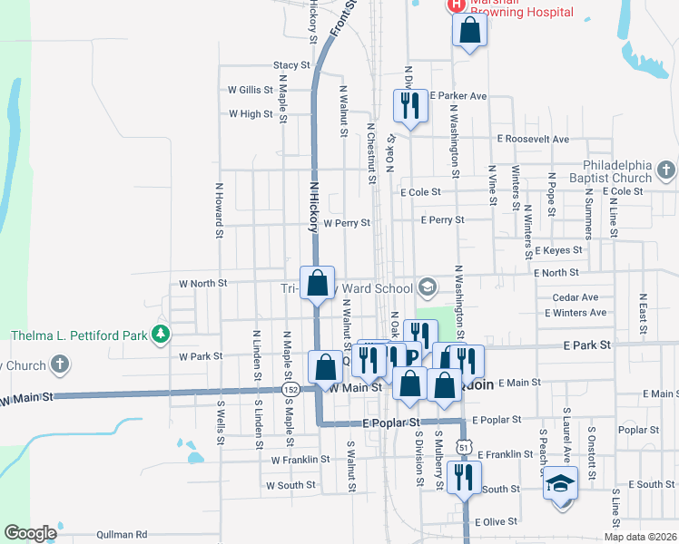 map of restaurants, bars, coffee shops, grocery stores, and more near 301-399 North Walnut Street in Du Quoin