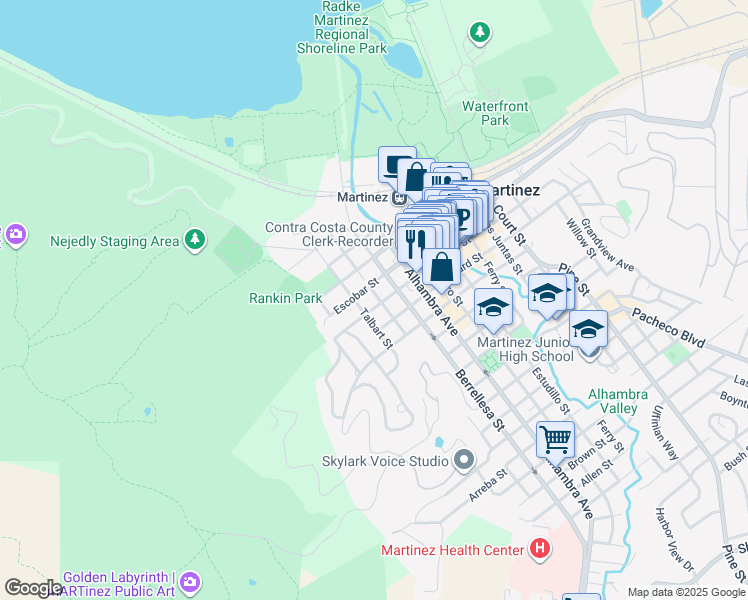 map of restaurants, bars, coffee shops, grocery stores, and more near 626 Richardson Street in Martinez