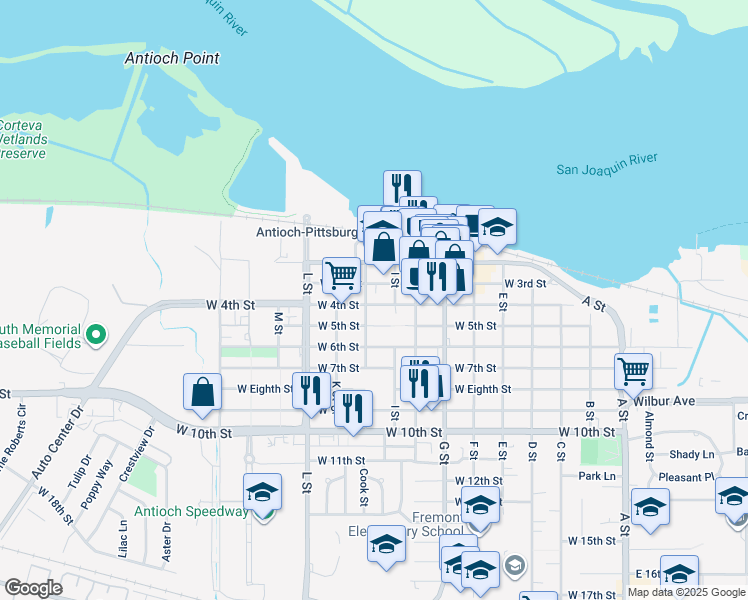 map of restaurants, bars, coffee shops, grocery stores, and more near 818 West 4th Street in Antioch