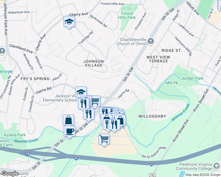 map of restaurants, bars, coffee shops, grocery stores, and more near 135 Old Fifth Circle in Charlottesville