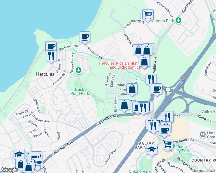 map of restaurants, bars, coffee shops, grocery stores, and more near 3048 North Front Street in Hercules