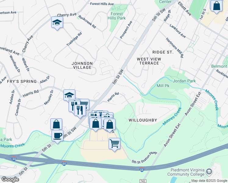 map of restaurants, bars, coffee shops, grocery stores, and more near 102 Slate Place in Charlottesville