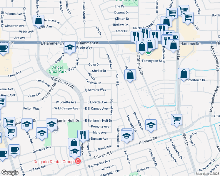 map of restaurants, bars, coffee shops, grocery stores, and more near 426 Cordova Lane in Stockton
