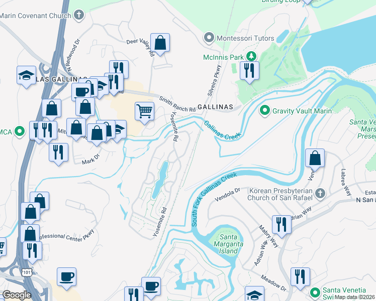 map of restaurants, bars, coffee shops, grocery stores, and more near 111 Bryce Canyon Road in San Rafael