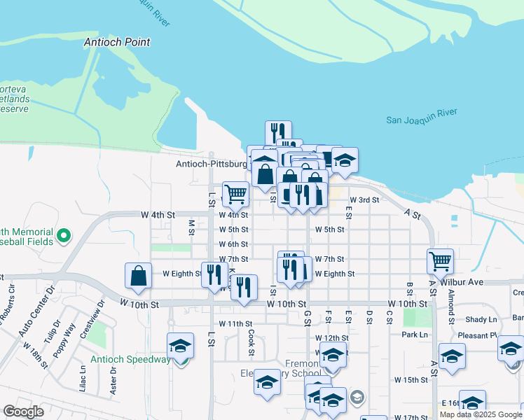 map of restaurants, bars, coffee shops, grocery stores, and more near 818 West 4th Street in Antioch