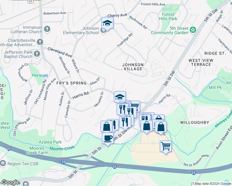map of restaurants, bars, coffee shops, grocery stores, and more near 407 Harris Road in Charlottesville