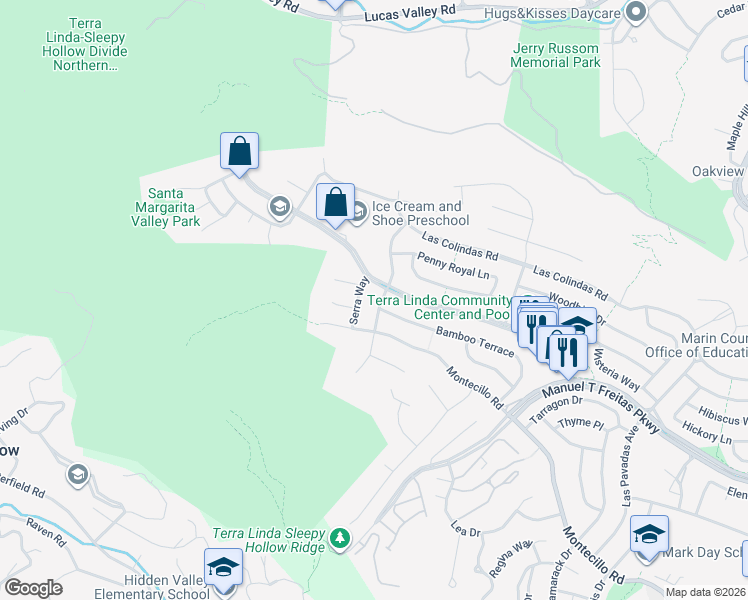 map of restaurants, bars, coffee shops, grocery stores, and more near 9 Bolanos Drive in San Rafael