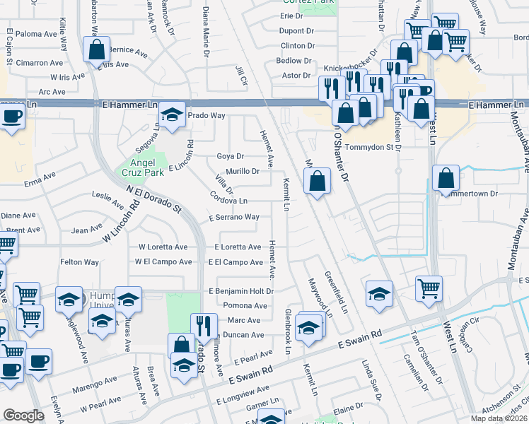 map of restaurants, bars, coffee shops, grocery stores, and more near 426 Cordova Lane in Stockton