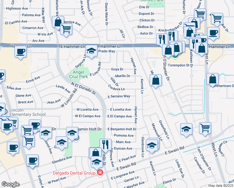 map of restaurants, bars, coffee shops, grocery stores, and more near 310 Cordova Lane in Stockton