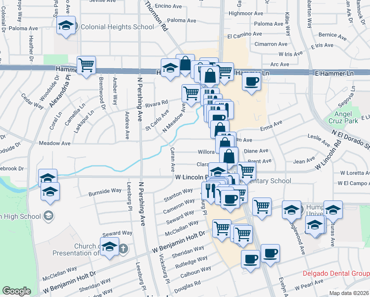 map of restaurants, bars, coffee shops, grocery stores, and more near 1102 Edan Avenue in Stockton