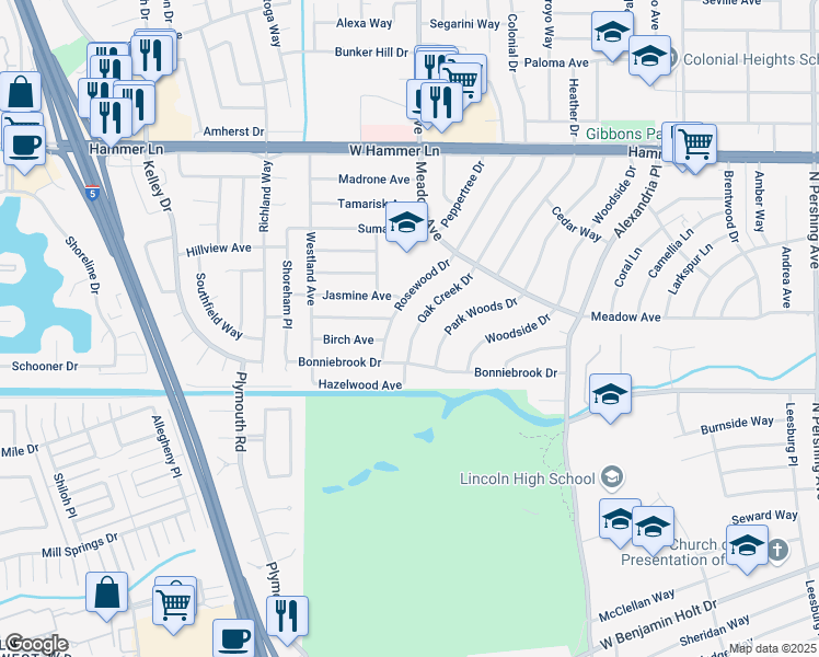 map of restaurants, bars, coffee shops, grocery stores, and more near 7227 Oak Creek Drive in Stockton