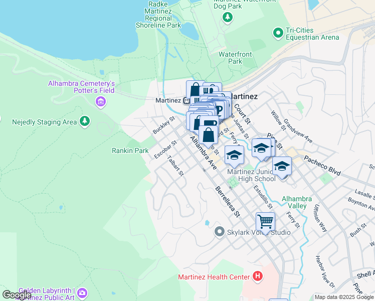 map of restaurants, bars, coffee shops, grocery stores, and more near 622 Berrellesa Street in Martinez