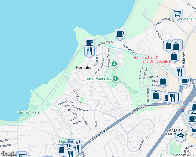 map of restaurants, bars, coffee shops, grocery stores, and more near 1100 Taraya Terrace in Hercules