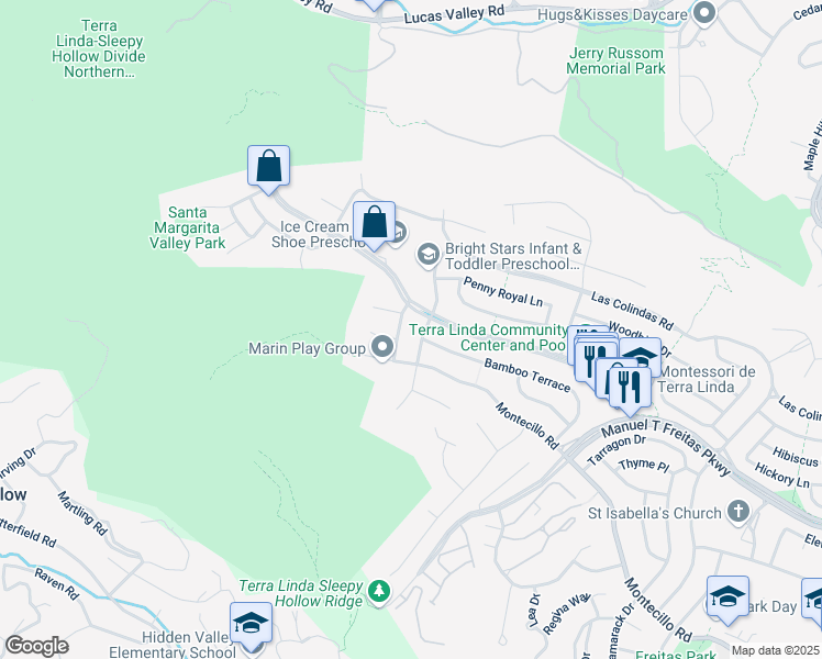 map of restaurants, bars, coffee shops, grocery stores, and more near 9 Bolanos Drive in San Rafael