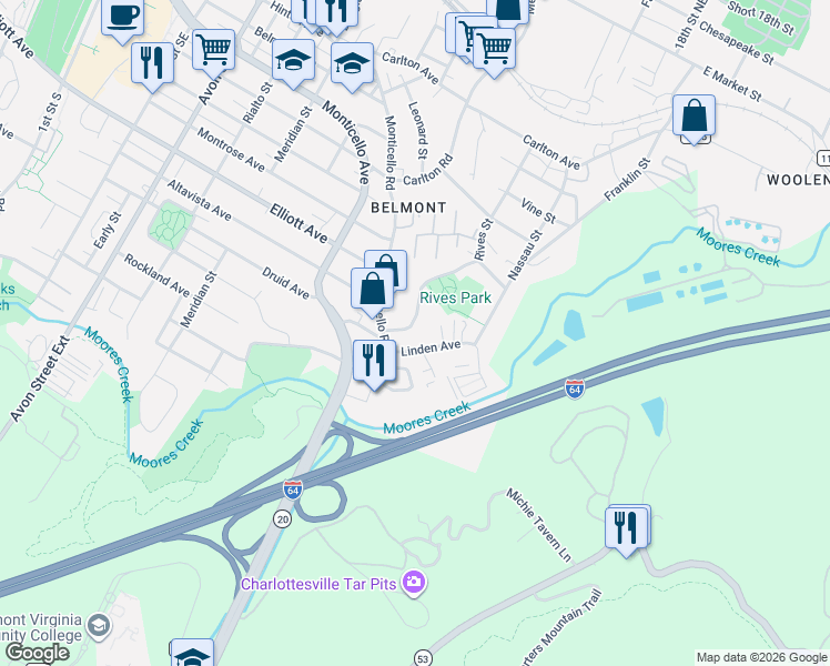map of restaurants, bars, coffee shops, grocery stores, and more near 975 Rives Street in Charlottesville
