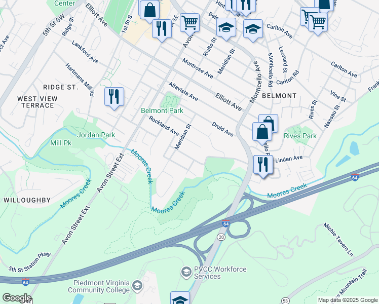 map of restaurants, bars, coffee shops, grocery stores, and more near 908 Rockland Avenue in Charlottesville