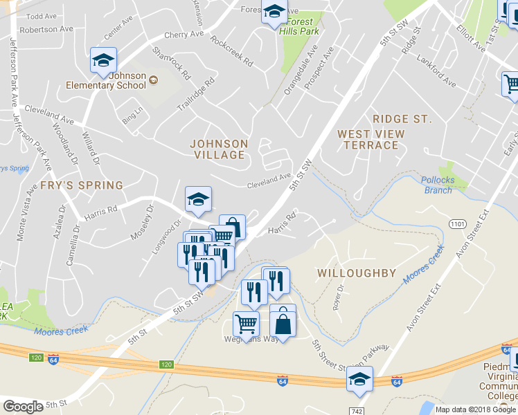 map of restaurants, bars, coffee shops, grocery stores, and more near 135 Old Fifth Circle in Charlottesville