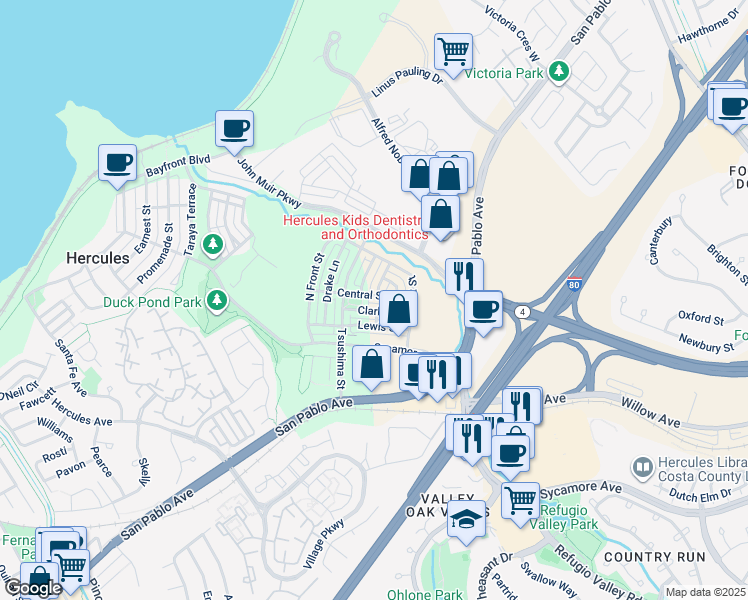 map of restaurants, bars, coffee shops, grocery stores, and more near 2030 Central Street in Hercules