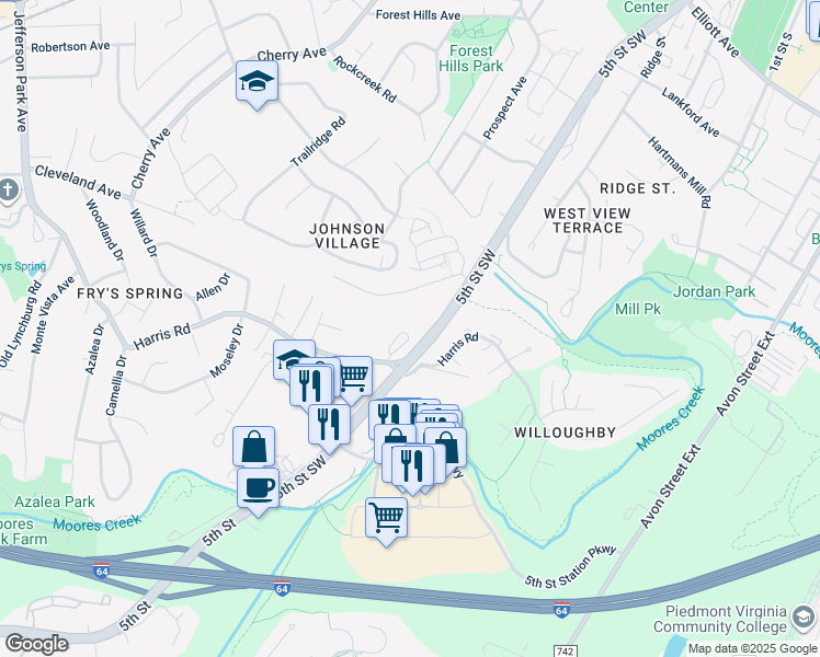 map of restaurants, bars, coffee shops, grocery stores, and more near 135 Old Fifth Circle in Charlottesville
