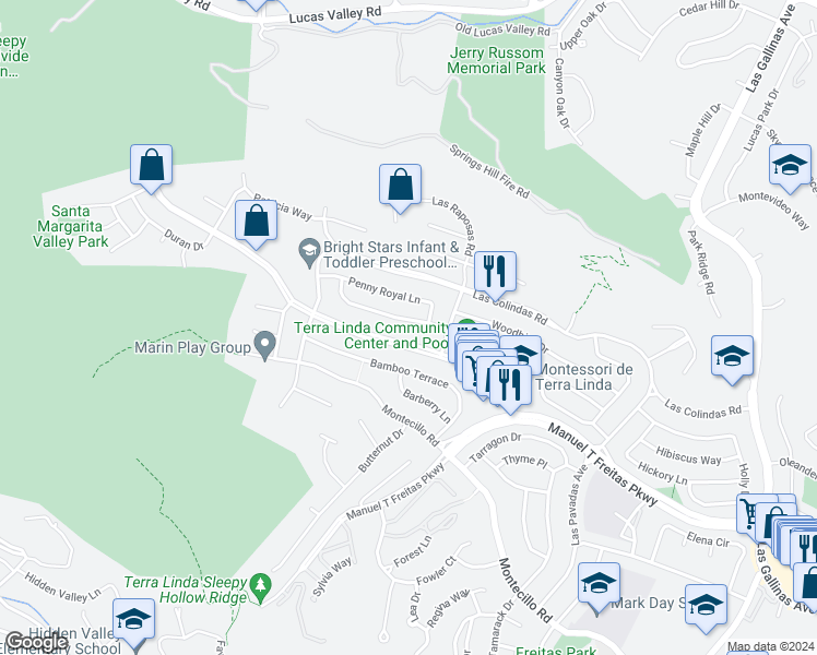 map of restaurants, bars, coffee shops, grocery stores, and more near 745 Pine Lane in San Rafael