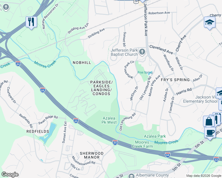 map of restaurants, bars, coffee shops, grocery stores, and more near 727 Denali Way in Charlottesville
