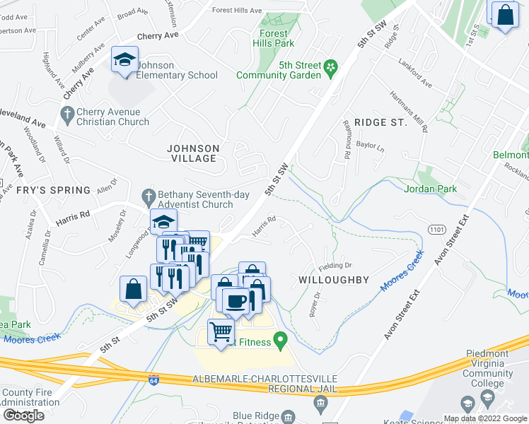 map of restaurants, bars, coffee shops, grocery stores, and more near 102 Slate Place in Charlottesville