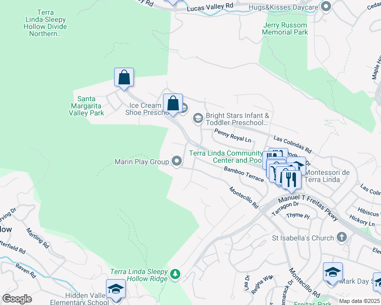 map of restaurants, bars, coffee shops, grocery stores, and more near 9 Bolanos Drive in San Rafael