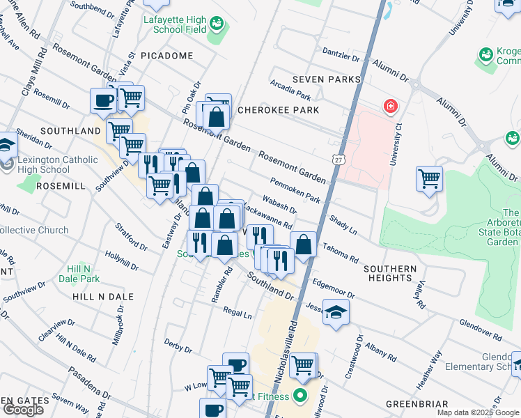 map of restaurants, bars, coffee shops, grocery stores, and more near 132 Wabash Drive in Lexington